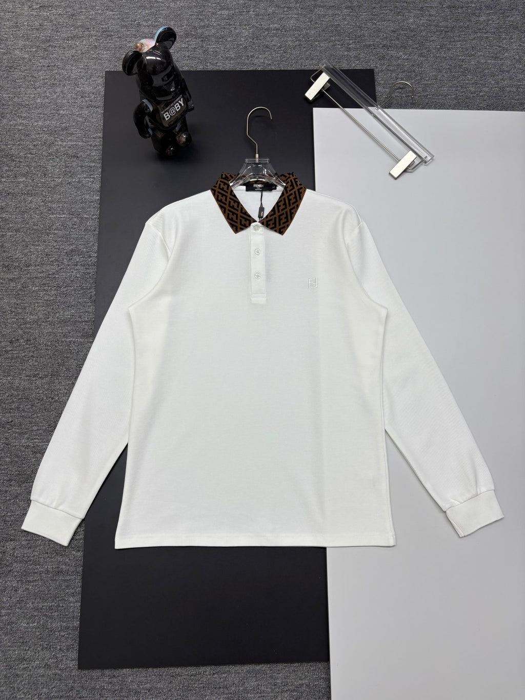 Fendi long-sleeve polo shirt, white, button placket and stand collar