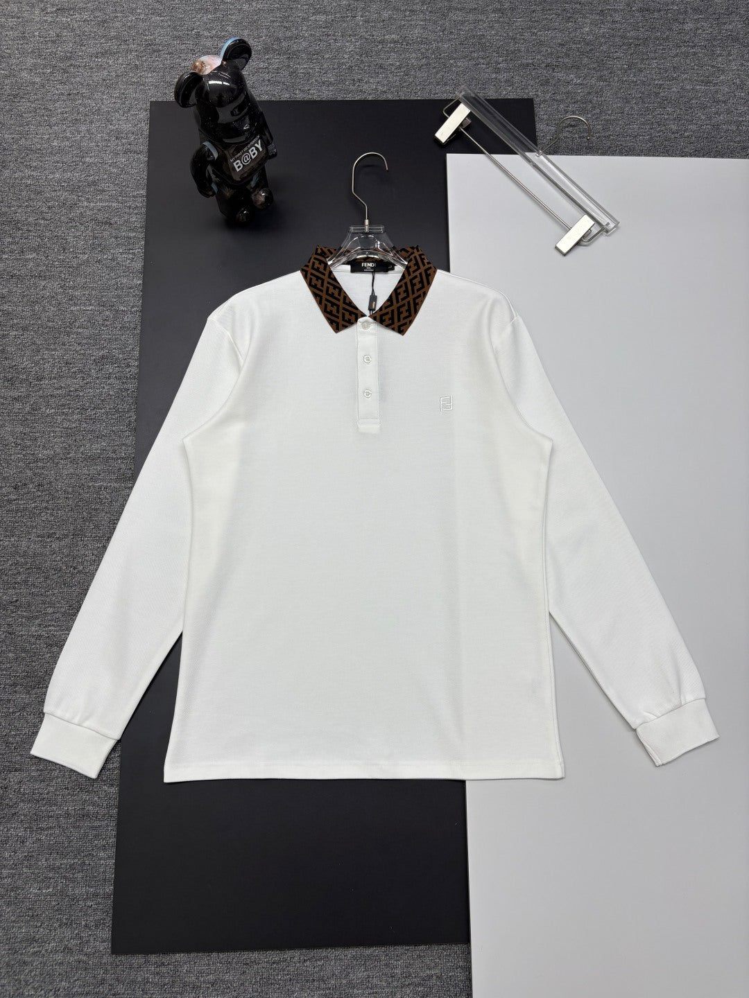 Fendi long-sleeve polo shirt, white, button placket and stand collar