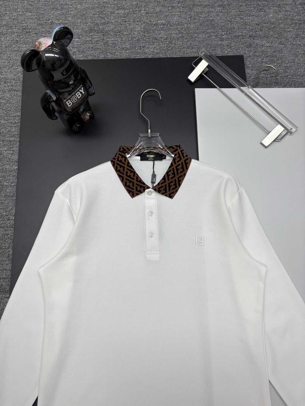 Fendi long-sleeve polo shirt, white, patterned brown collar detail