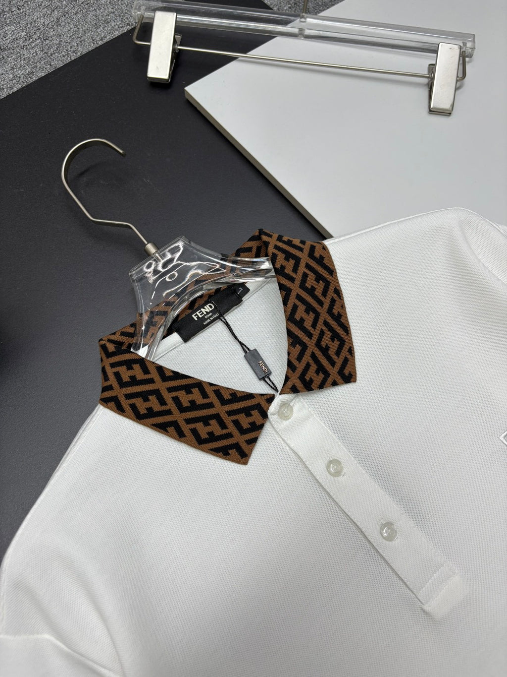 Fendi long-sleeve polo shirt, white, collar and button placket close-up