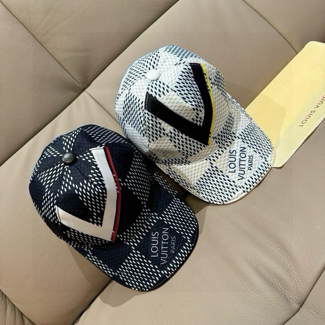 Louis Vuitton baseball caps set: white-black dot cap and dark cap with V logo