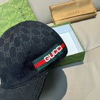 Black Gucci GG-pattern cap with Gucci stripe logo band on curved brim