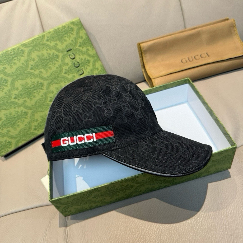 Black Gucci GG-pattern cap with red-green Gucci logo stripe across front
