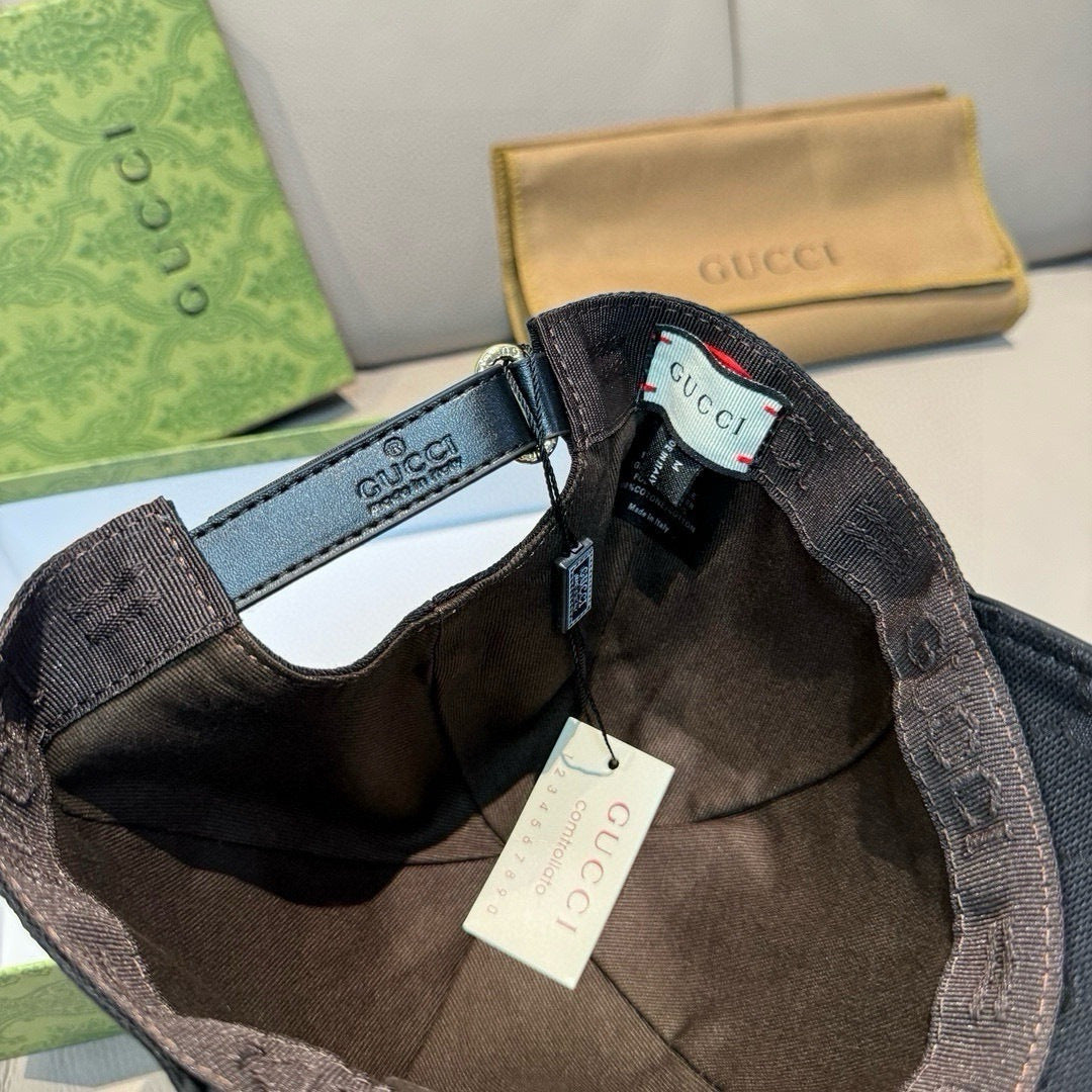 Gucci cap interior with beige lining, size tag, and strap hardware