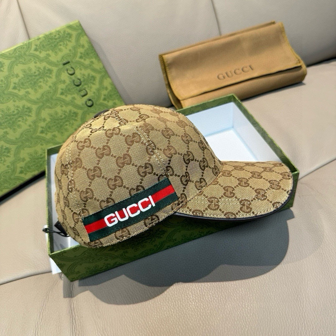 Tan GG monogram baseball cap with Gucci stripe on front panel