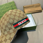 Tan GG monogram baseball cap with Gucci multicolor stripe patch