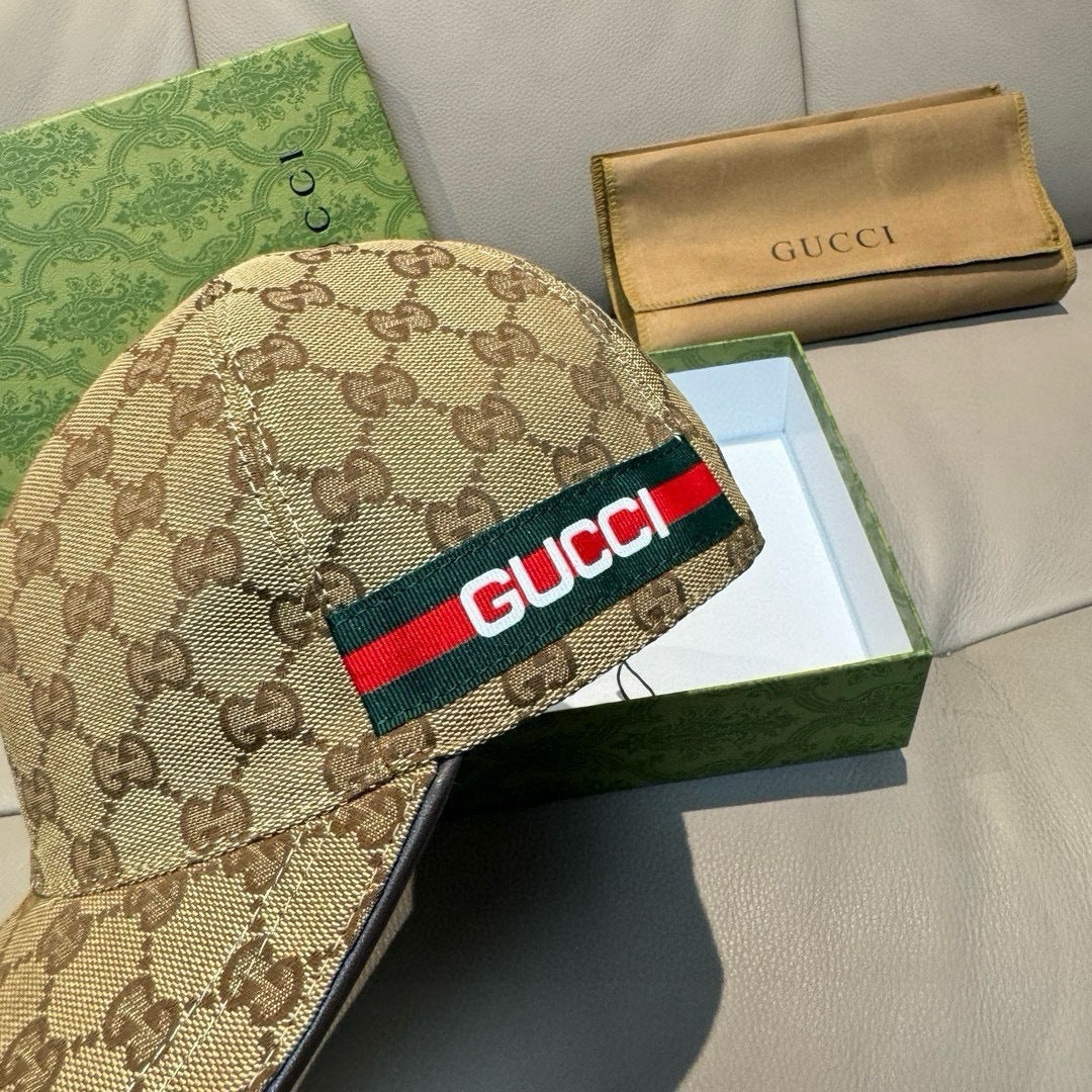 Tan GG monogram baseball cap with Gucci multicolor stripe patch