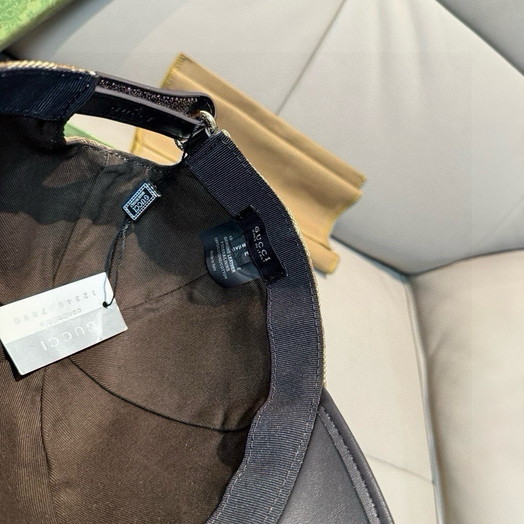 Gucci cap interior with dark strap and label, adjustable inside band