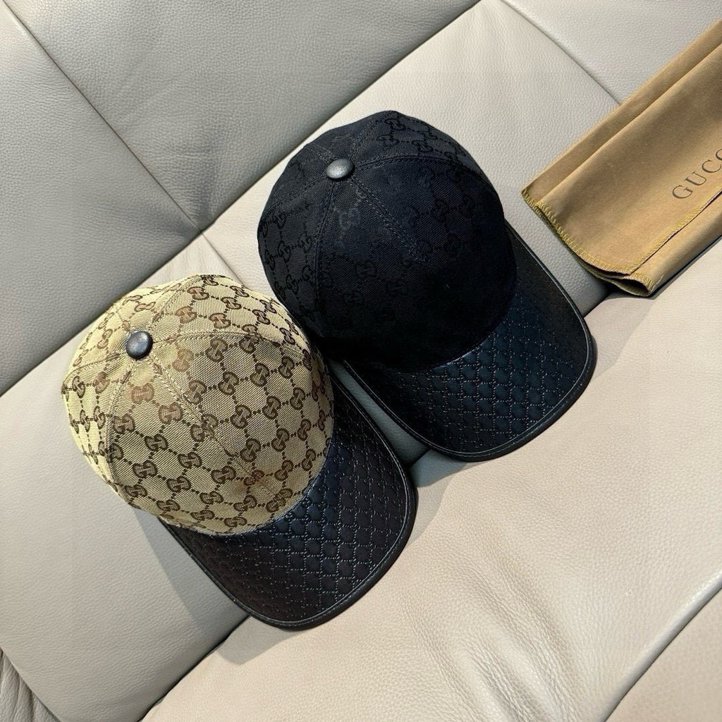 Pair of Gucci caps: beige GG crown and black crown, both with black textured brims