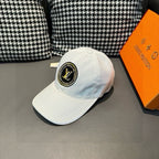 Louis Vuitton white baseball cap with round LV logo patch and curved brim