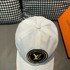 Louis Vuitton white baseball cap back view with top button and rear logo patch