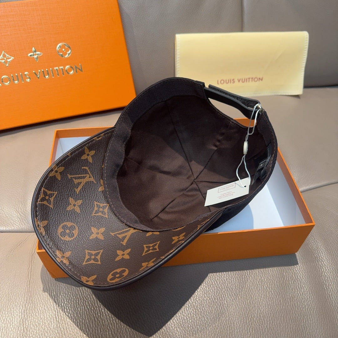 Louis Vuitton cap, interior view with brown monogram fabric and fabric strap.
