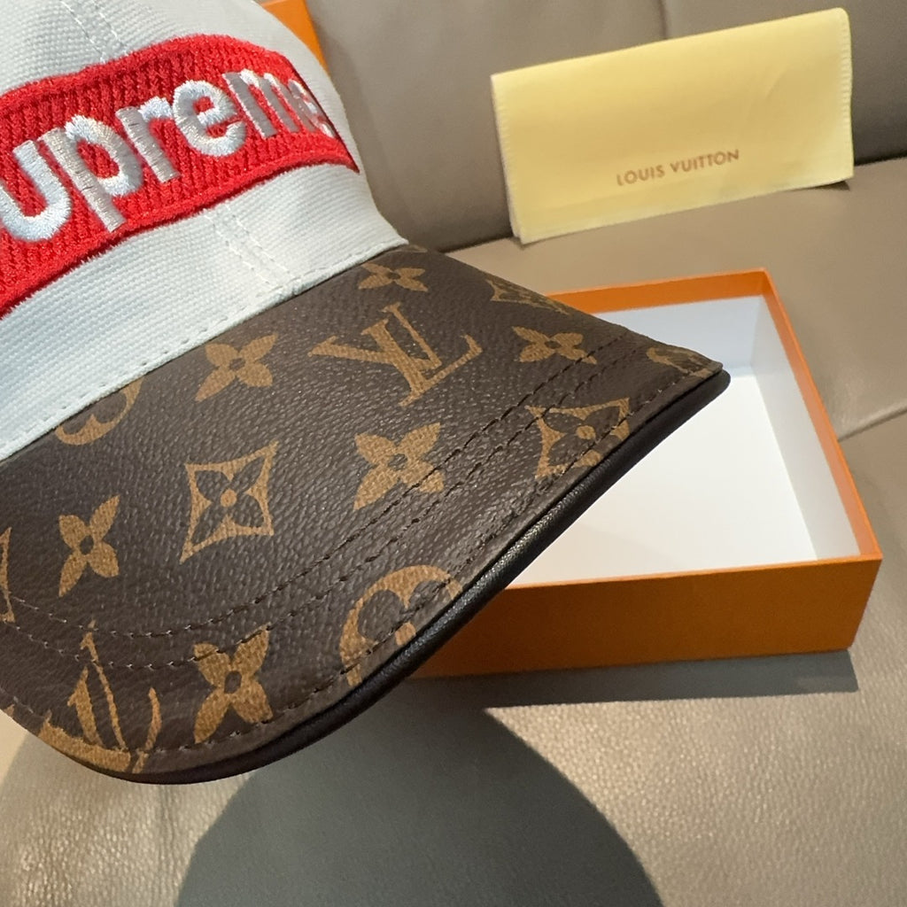 Louis Vuitton cap brim detail with brown monogram canvas and black edge trim