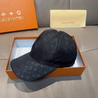 Louis Vuitton monogram baseball cap, dark color, front view with curved brim