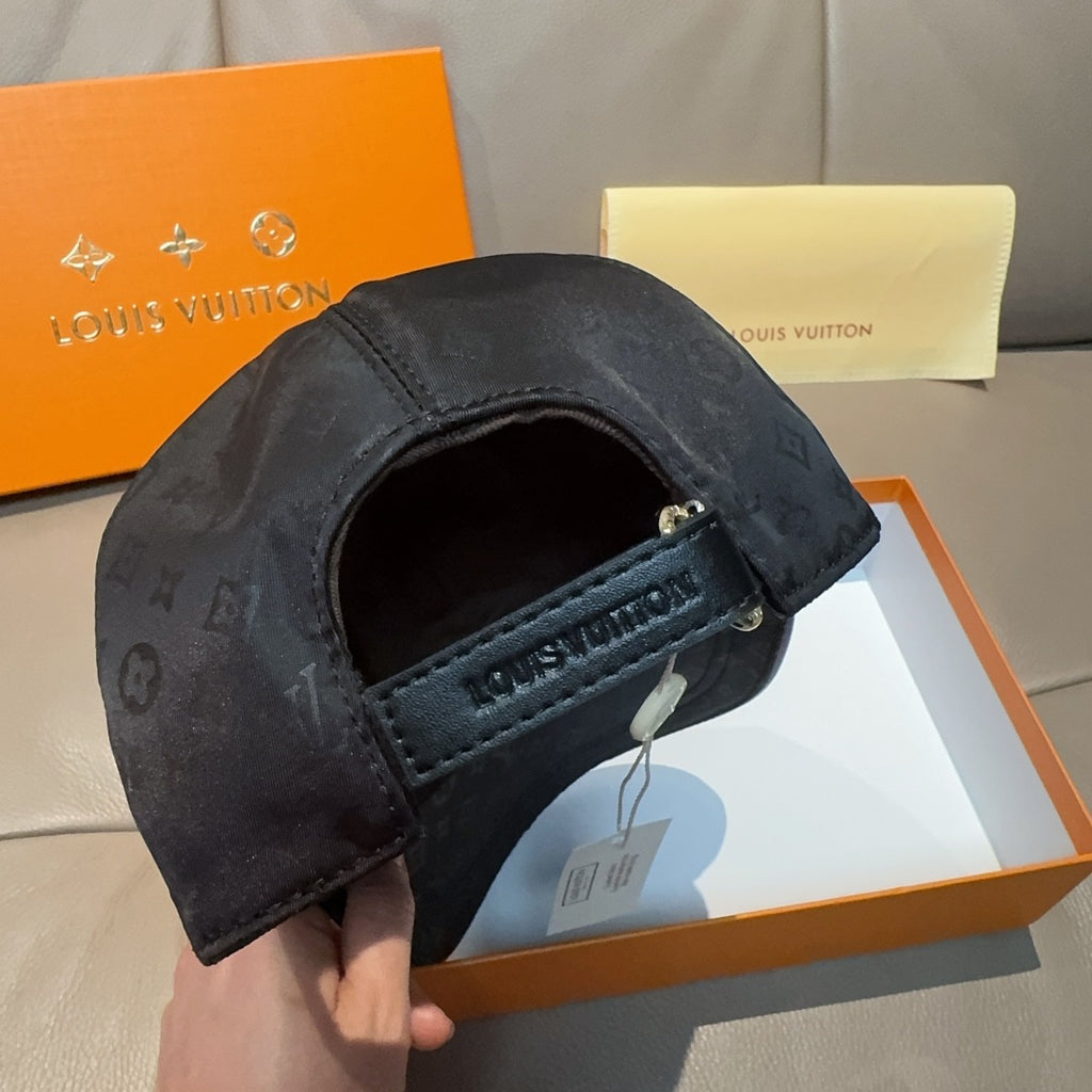 Louis Vuitton monogram baseball cap with adjustable strap and metal buckle, dark color