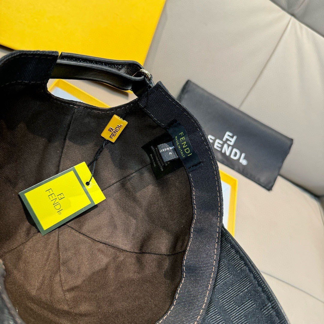 Fendi black cap on display with interior lining and brand tags