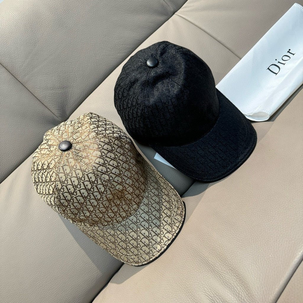 Two baseball caps: beige-brown patterned and solid black, each with dark button