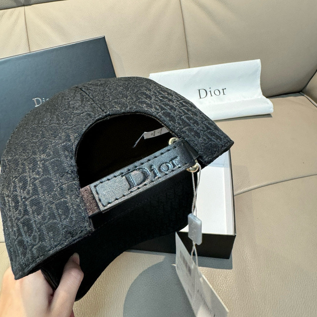 Dior cap interior with dark patterned crown and adjustable leather strap