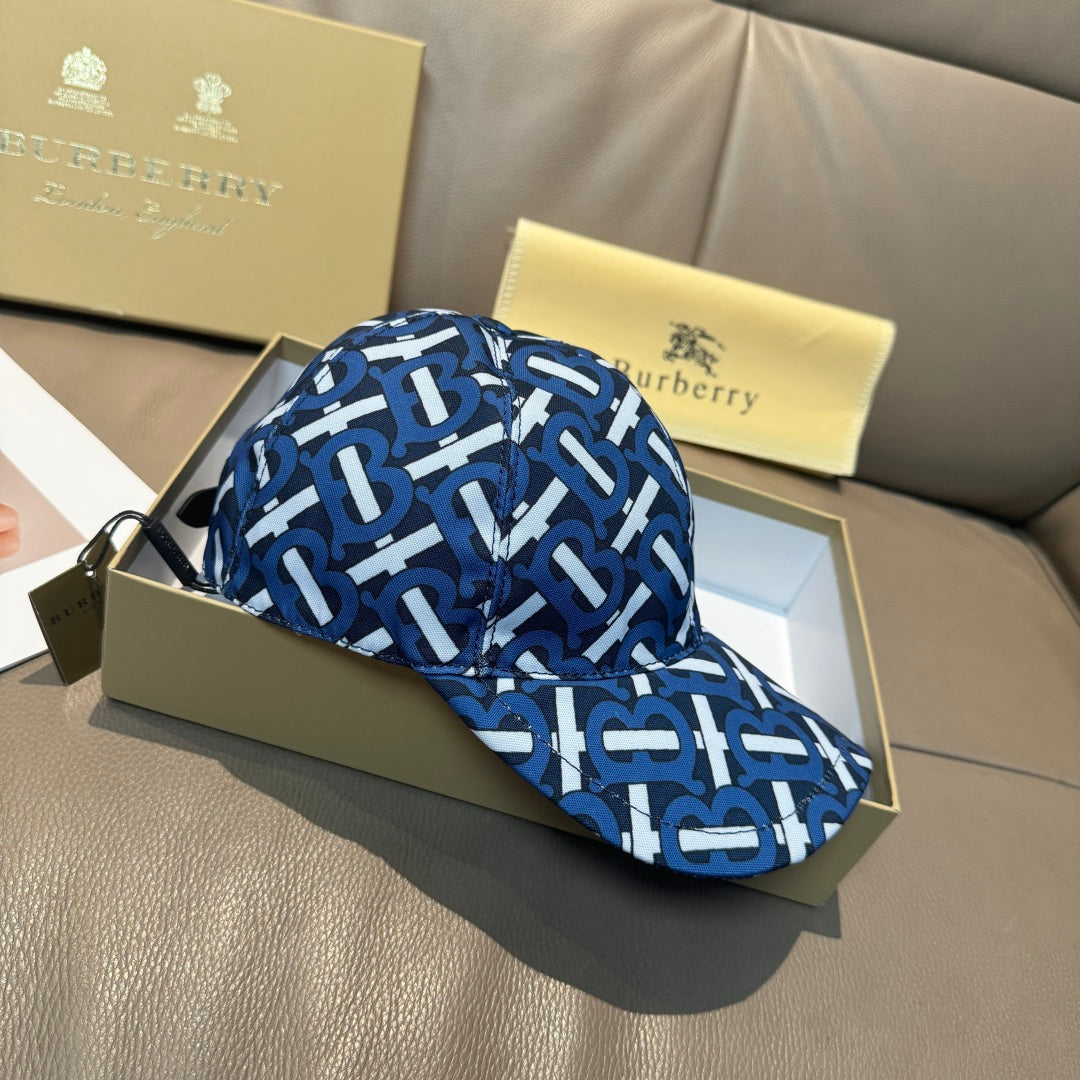 Burberry logo cap with blue and white repeating monogram pattern, side profile