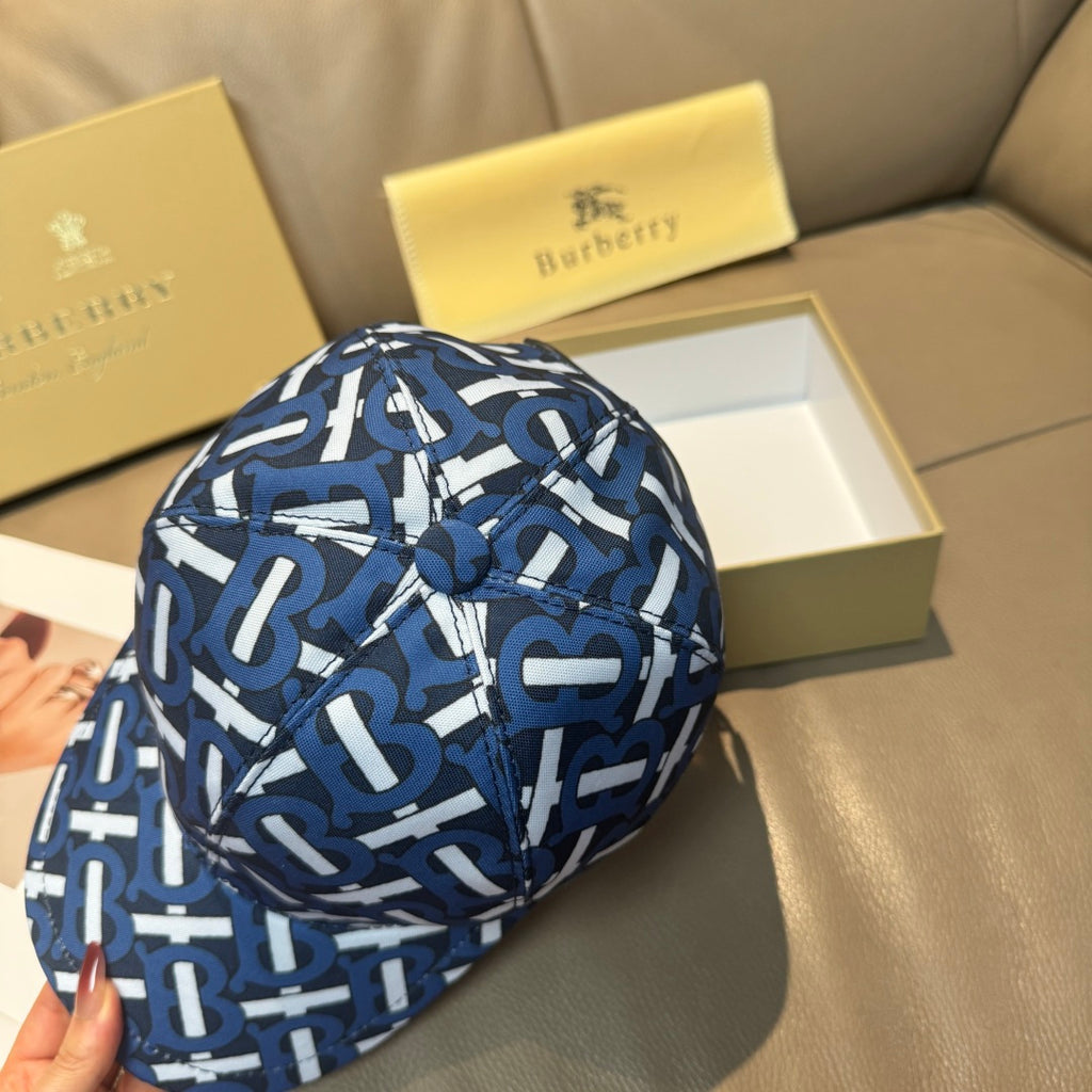 Burberry logo cap with blue and white repeating monogram pattern, back view