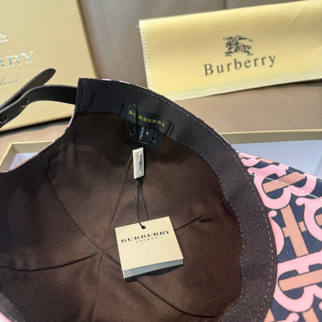 Burberry cap interior with black lining, adjustable strap, and hanging label