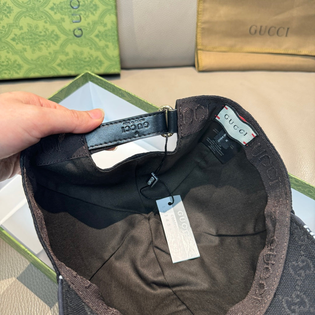 Black Gucci baseball cap adjustable strap with stitched band and size tag inside.