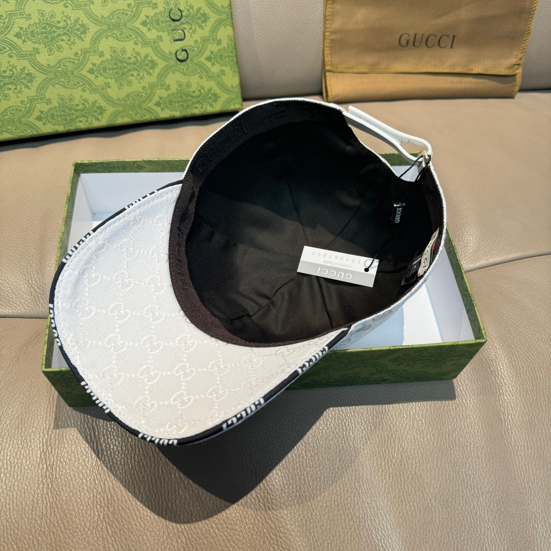 White Gucci baseball cap interior view with black lining and visible size tag