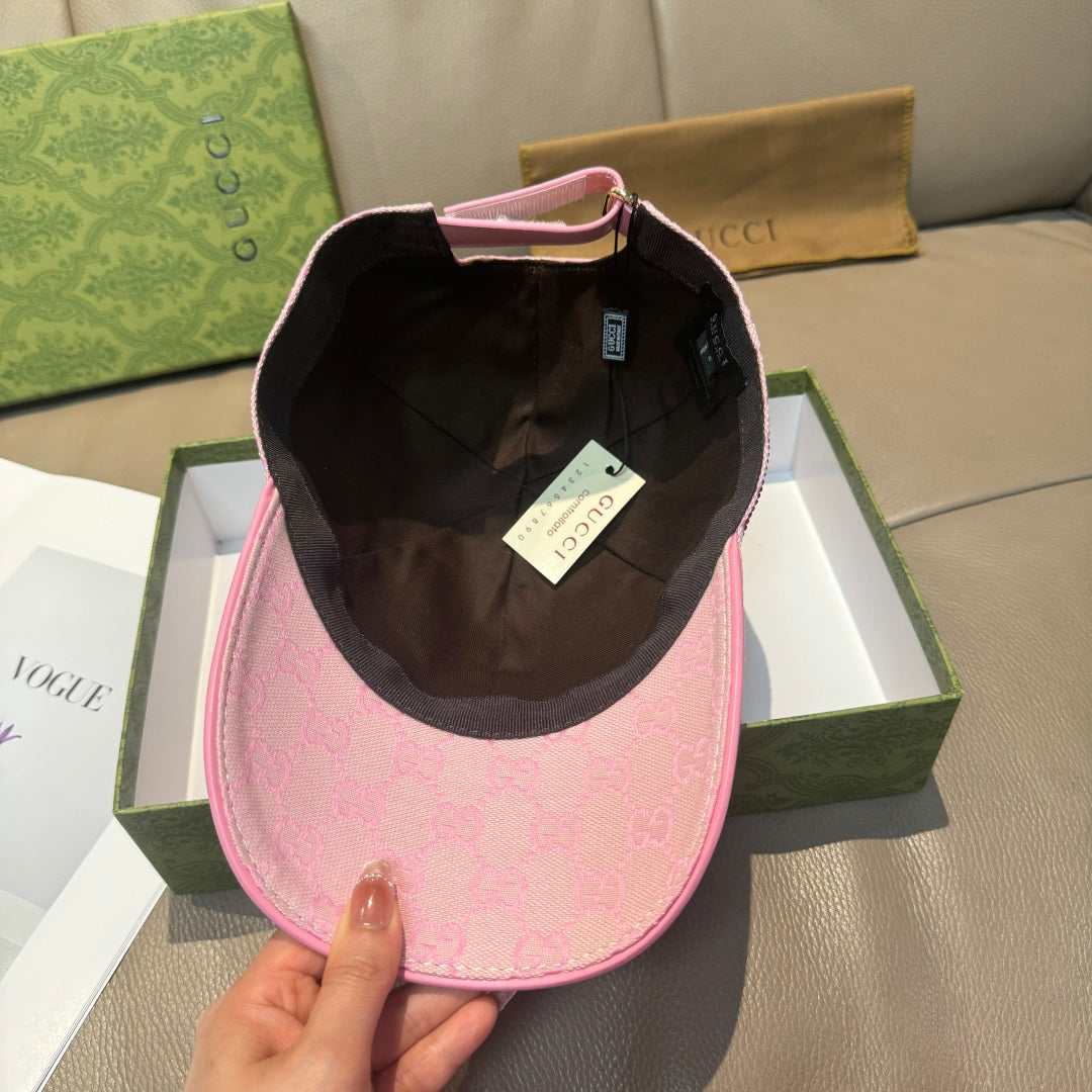 Pink Gucci baseball cap interior lining, visible black inner hatband