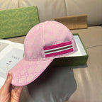 Pink Gucci GG-pattern baseball cap, side view with striped webband