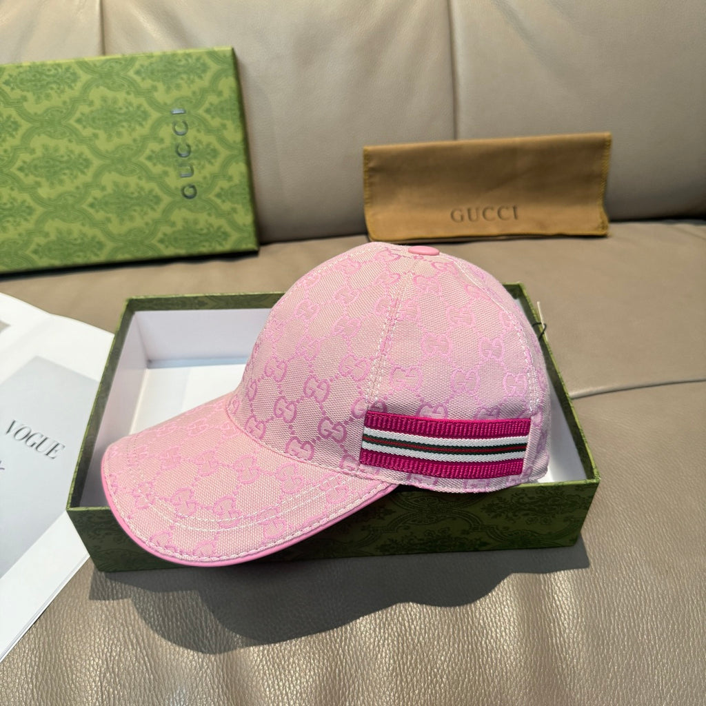 Pink Gucci GG-pattern baseball cap with striped webband detail