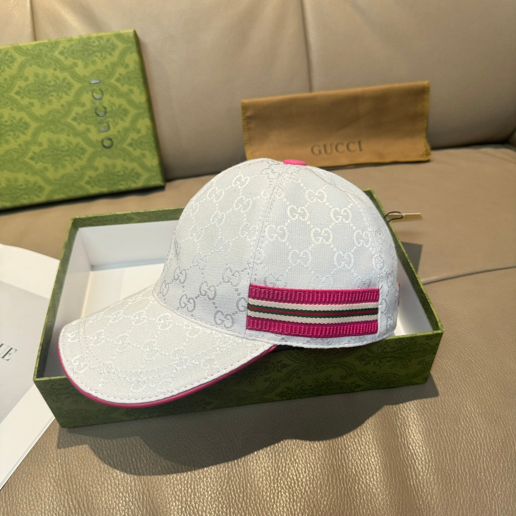 White logo baseball cap with magenta striped band and curved brim