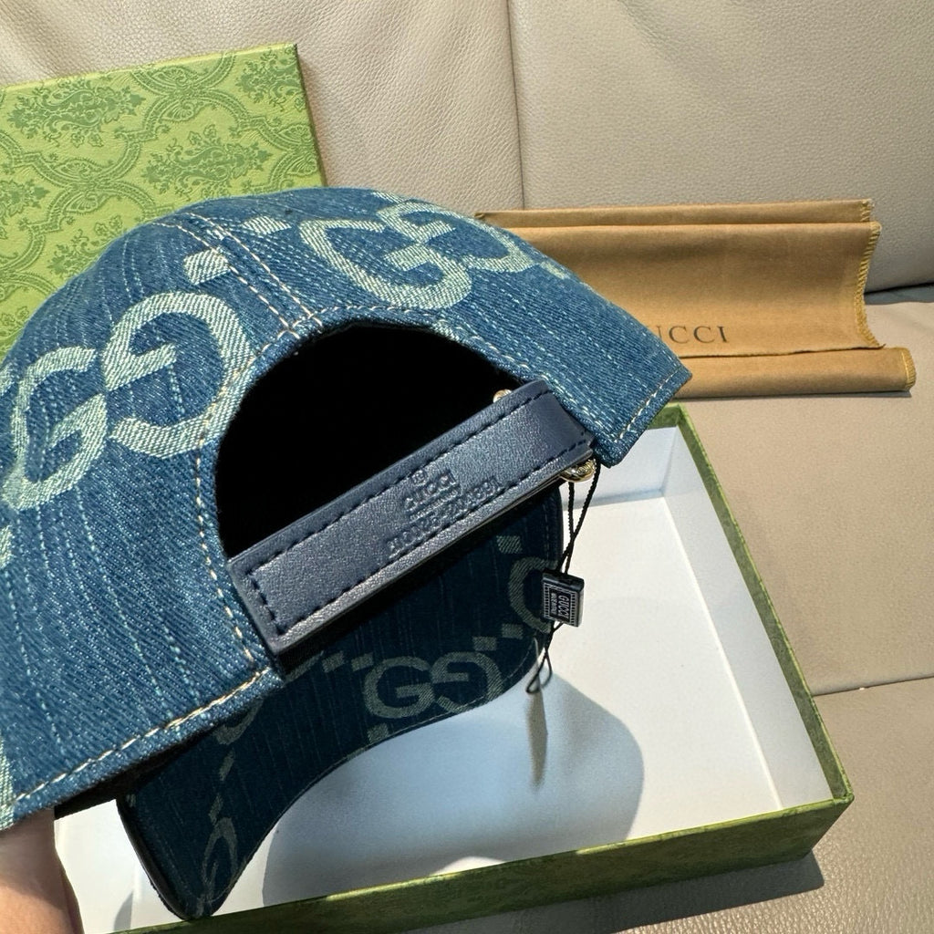 Gucci denim baseball cap showing inner band and adjustable strap with hardware