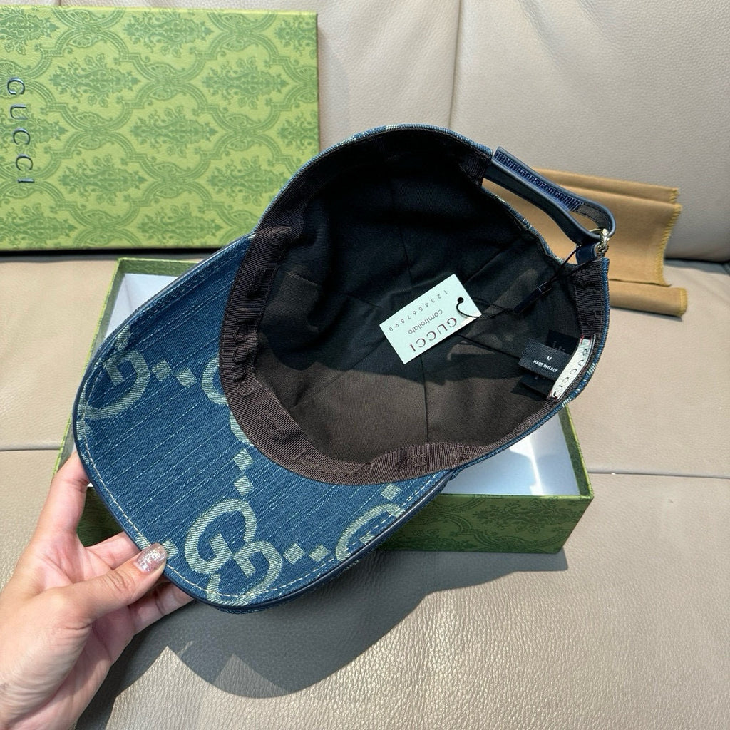 Gucci denim baseball cap, dark inner sweatband and view of inside crown