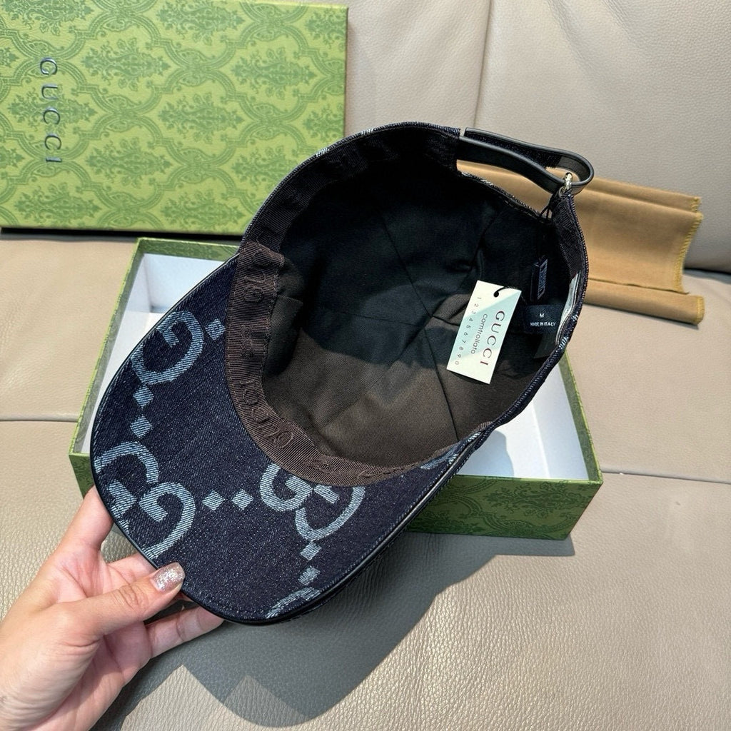 Gucci cap inside view, dark lining and GG denim with adjustable strap.