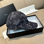 Dior cap in dark text-pattern fabric with curved brim and stitched logo text