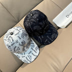 Dior cap set: dark and white caps with Dior/Christian Atelier text pattern and button tops