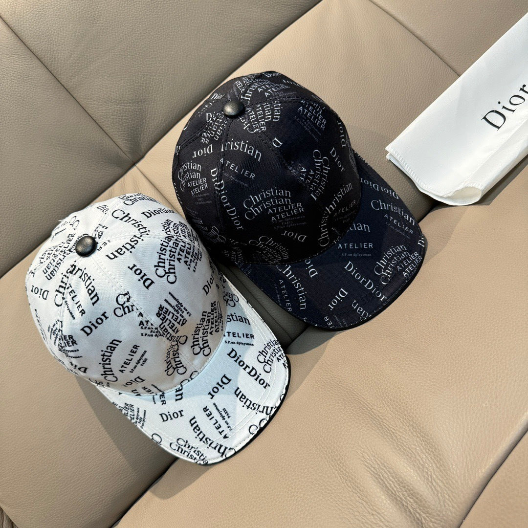 Dior cap set: dark and white caps with Dior/Christian Atelier text pattern and button tops