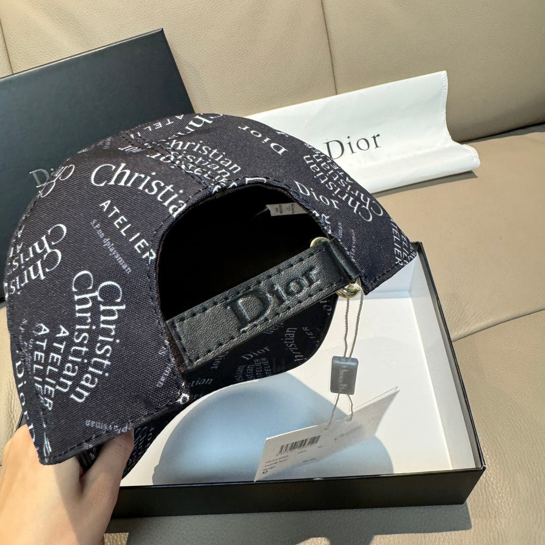 Dior cap with dark interior strap and woven band detail, text-print outer panel