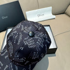 Dior cap in dark text-print fabric, close top view with round button