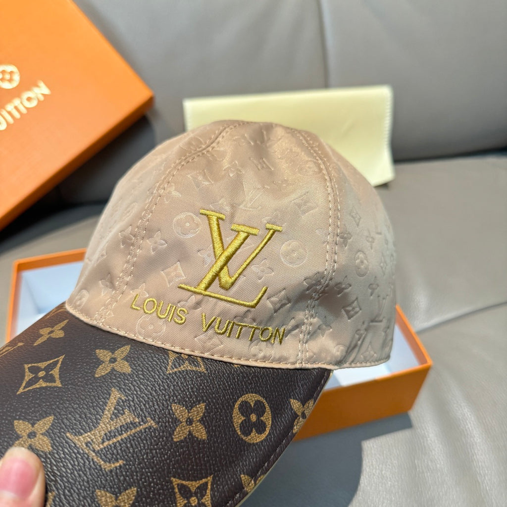 Beige monogram baseball cap with LV gold emblem on front panel