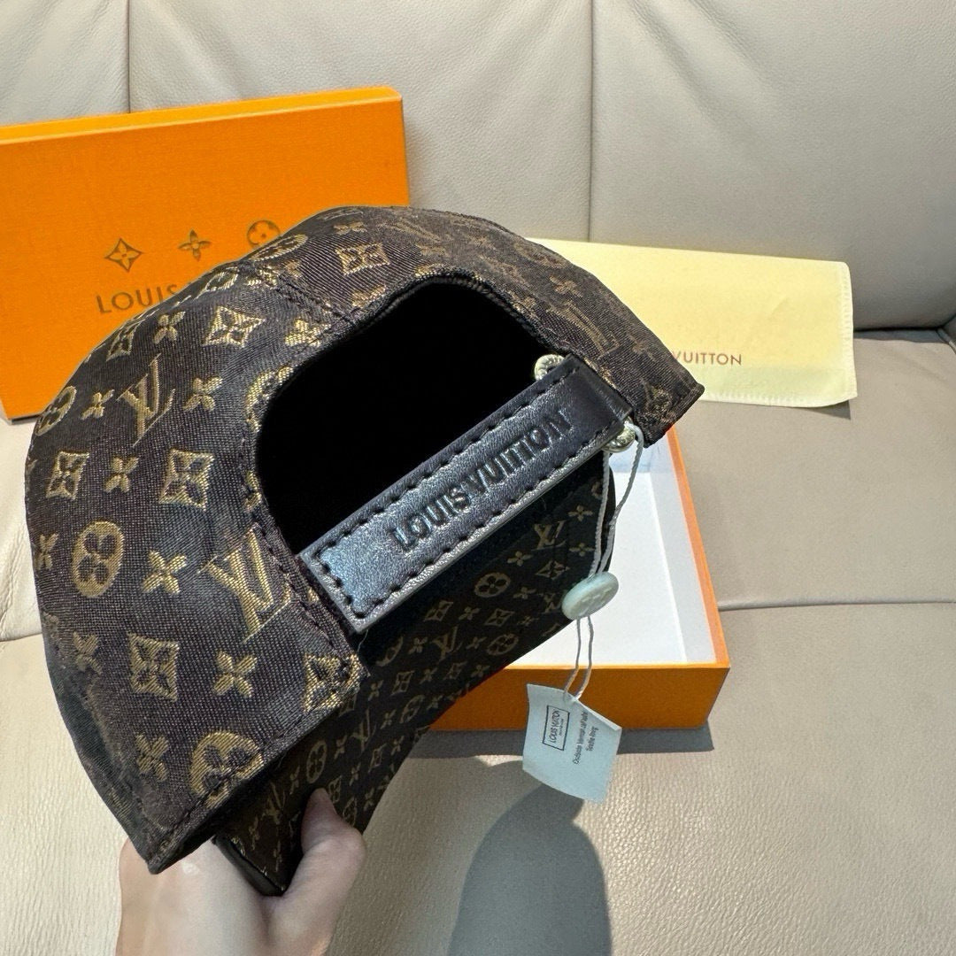 Louis Vuitton monogram cap interior view with adjustable strap and leather patch.