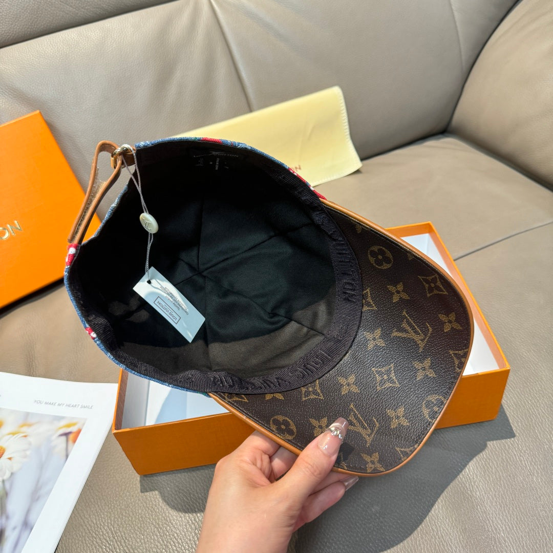Louis Vuitton cap interior view: dark monogram brim with black lining and tag.