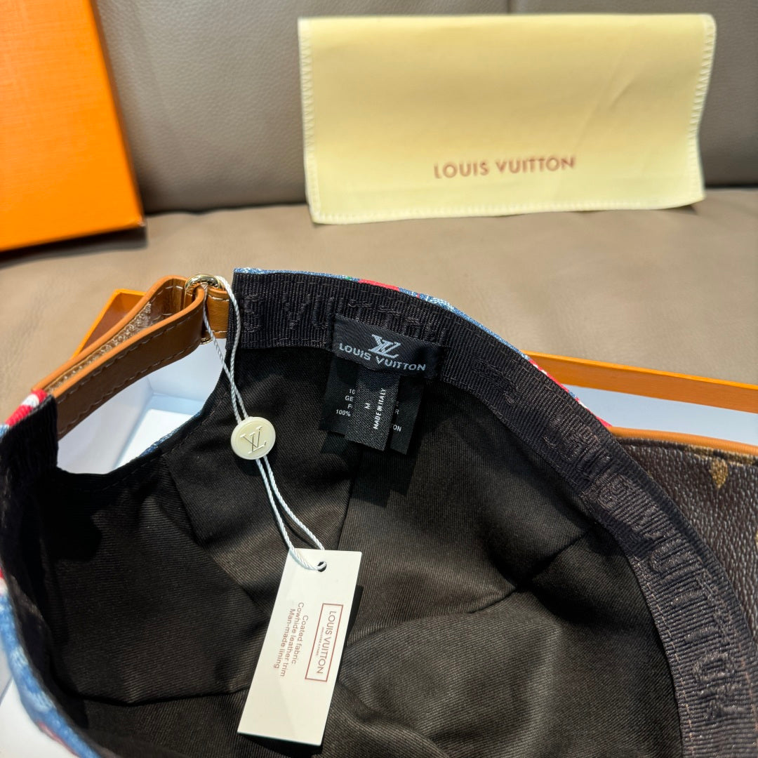 Louis Vuitton cap inside: black lining with monogram panel, hanging tag and strap.