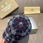 Plaid baseball cap in navy with red and white checks, stitched button at crown.