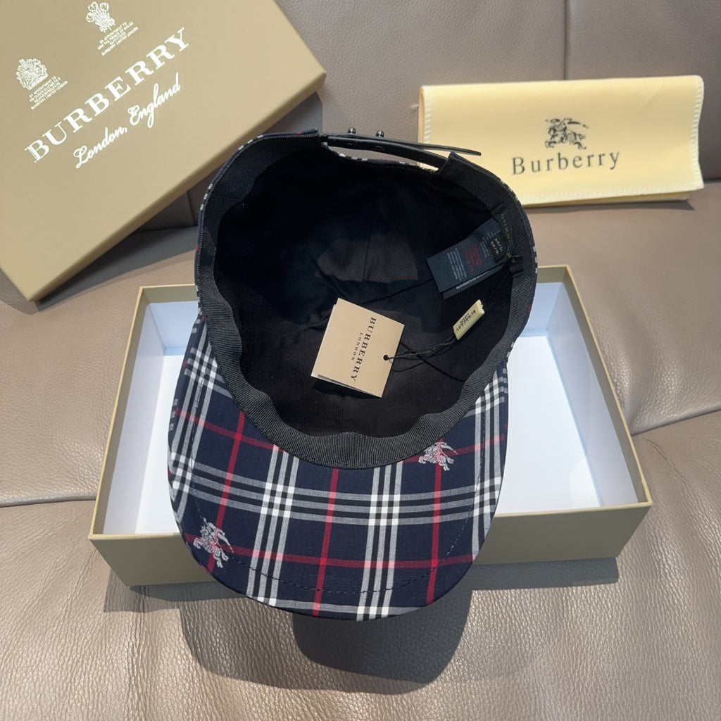 Plaid baseball cap with interior view, navy and red white check pattern.