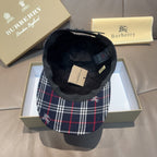 Plaid baseball cap with interior view, navy and red white check pattern.