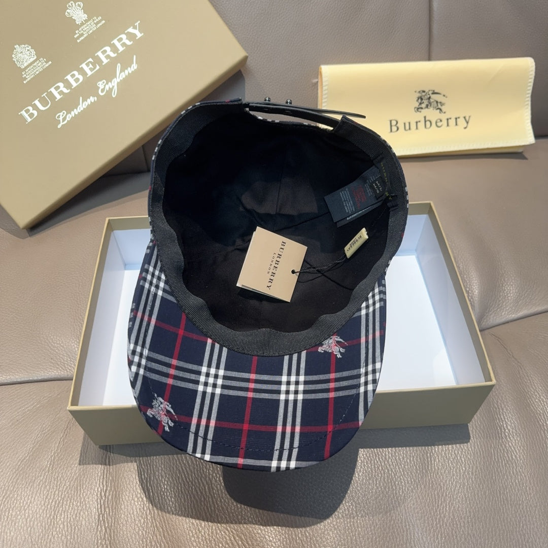 Plaid baseball cap with interior view, navy and red white check pattern.