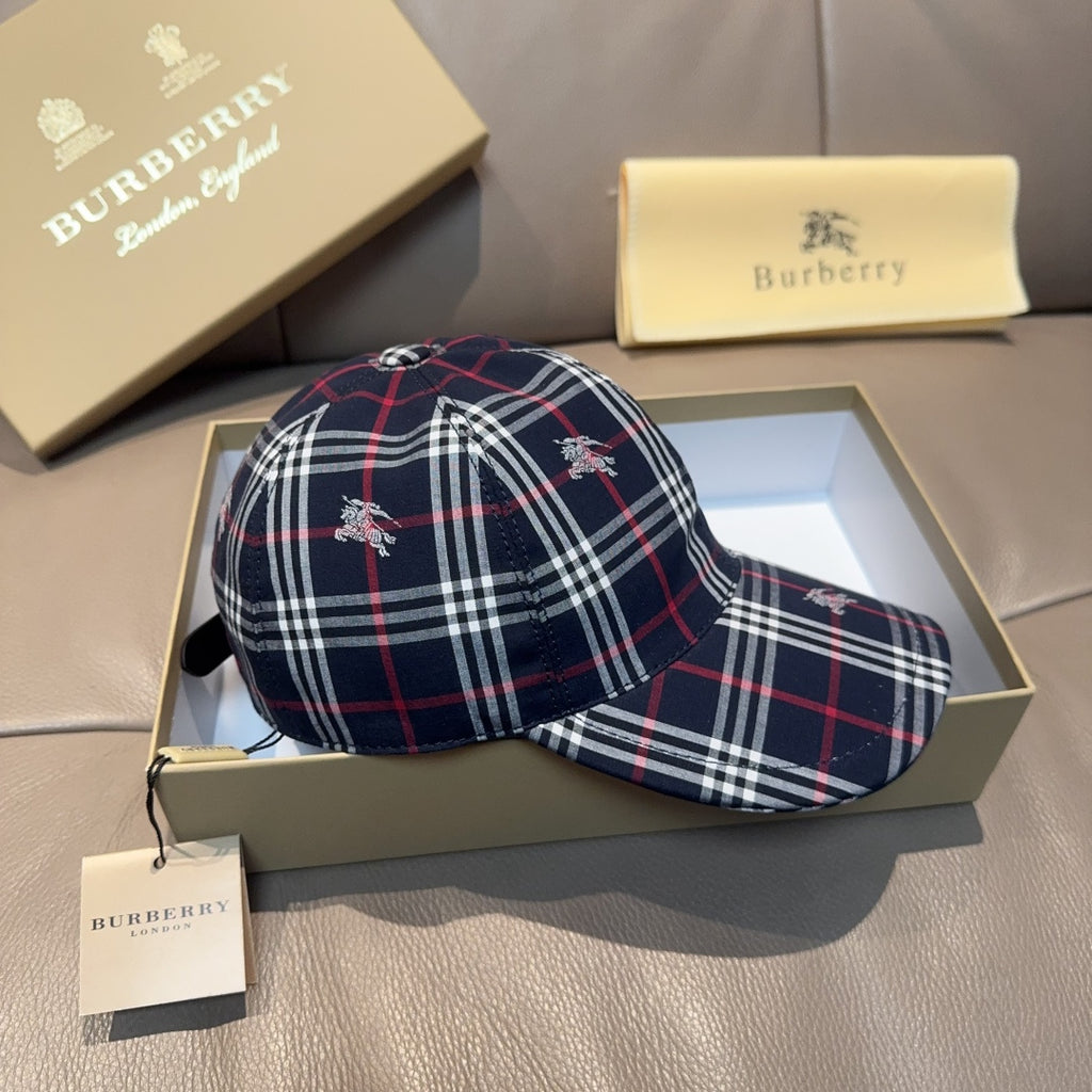 Plaid baseball cap set with matching plaid cap, navy with red and white checks.