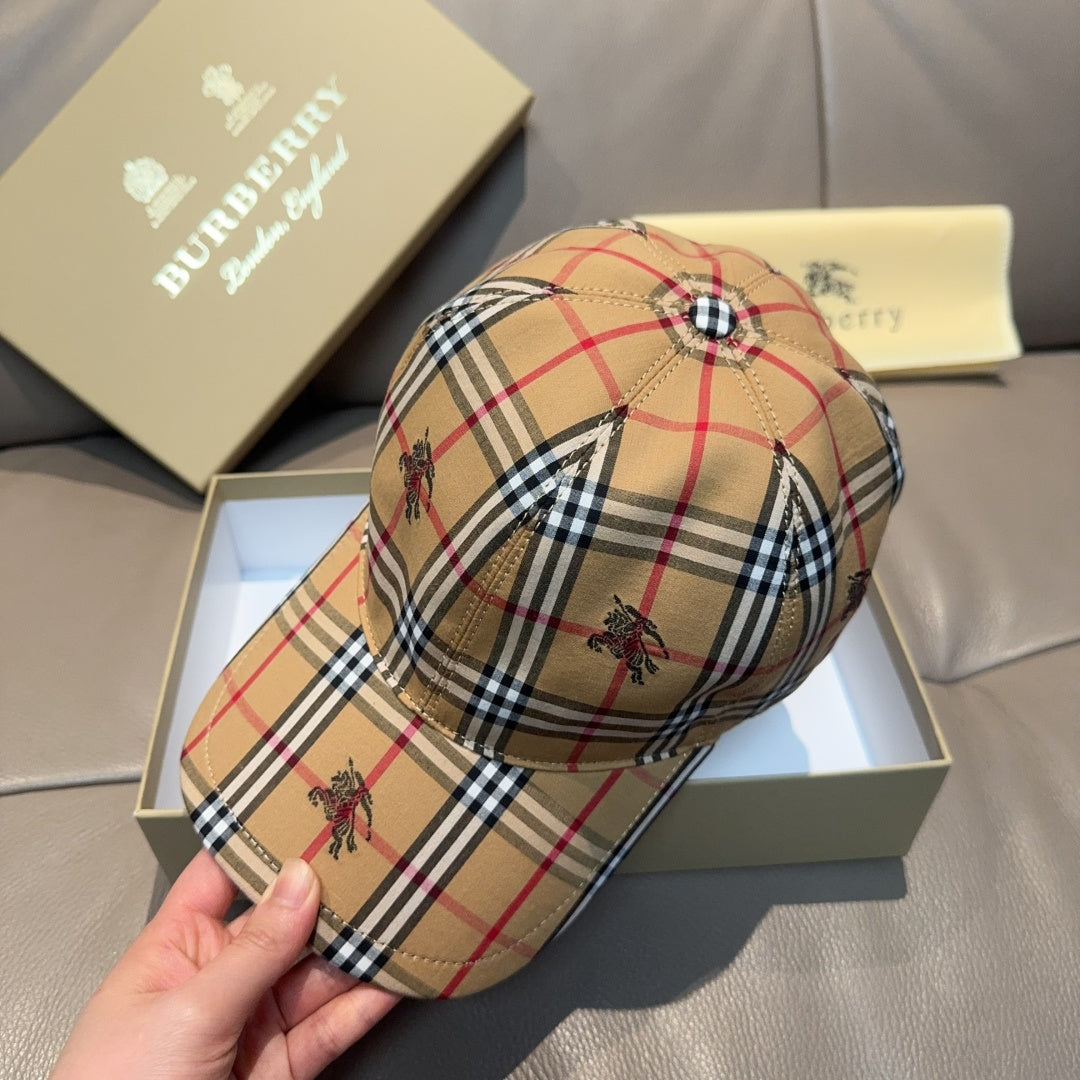 Burberry plaid baseball cap front view with stitched check pattern and small embroidered motifs