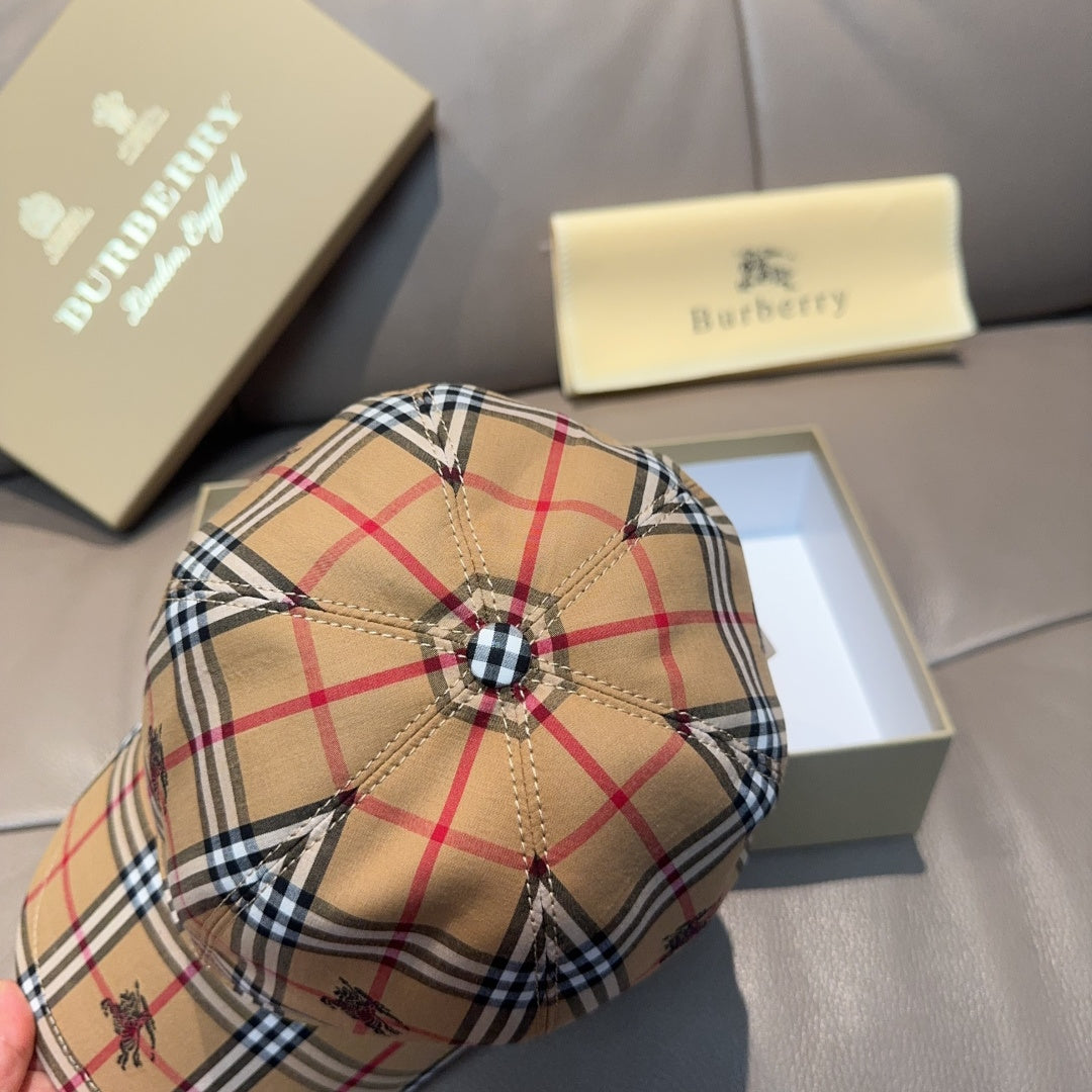 Burberry plaid baseball cap with stitched circular top detail and check pattern crown